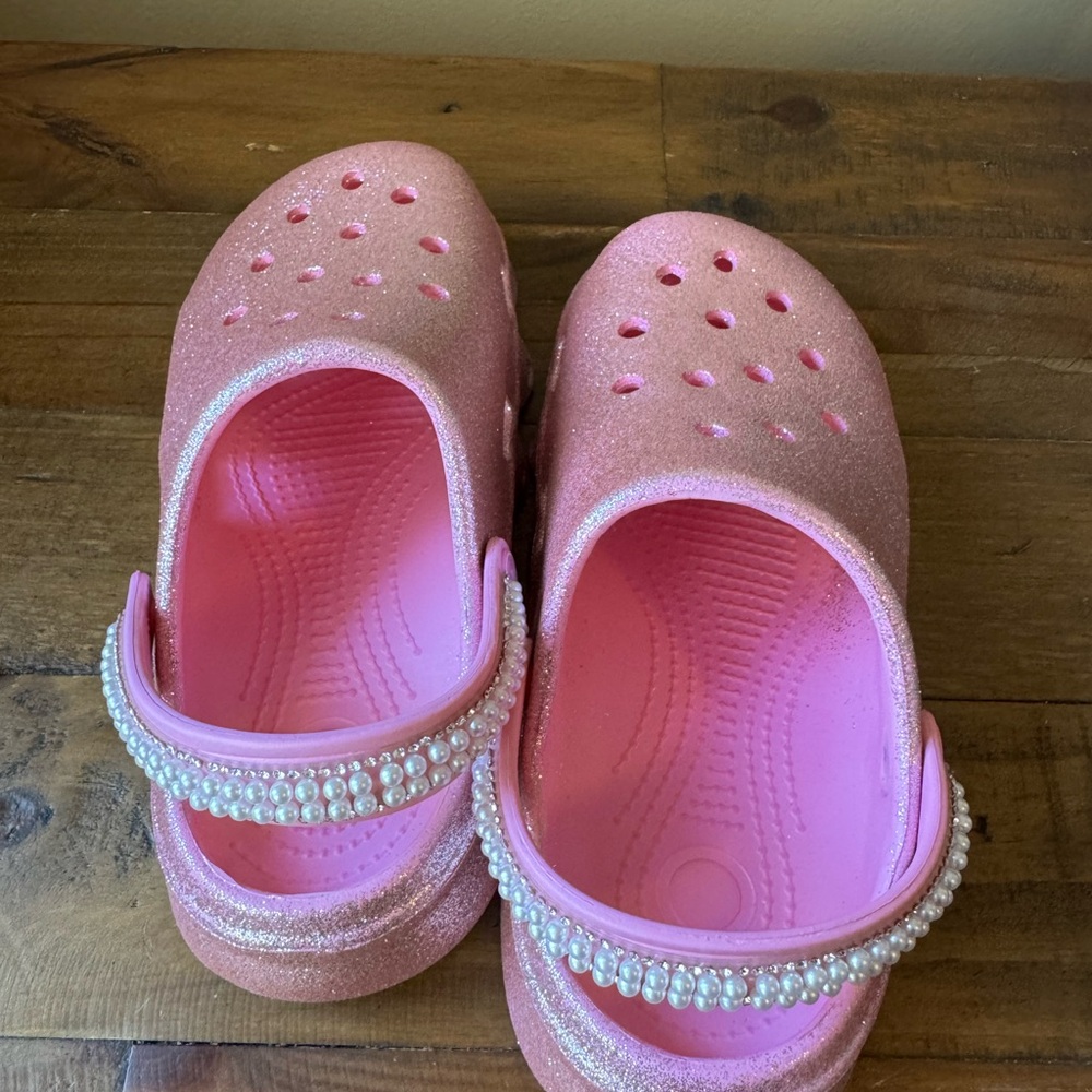 Sparkly Pink Kids Clogs with Pearl Strap